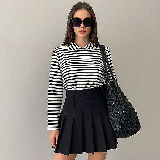 Photograph of a young woman with straight brown hair, wearing black sunglasses, black and white striped long-sleeve shirt, black pleated skirt,