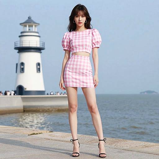 Playful Woman by Seafront Lighthouse