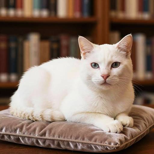 Serene White Cat in Cozy Library