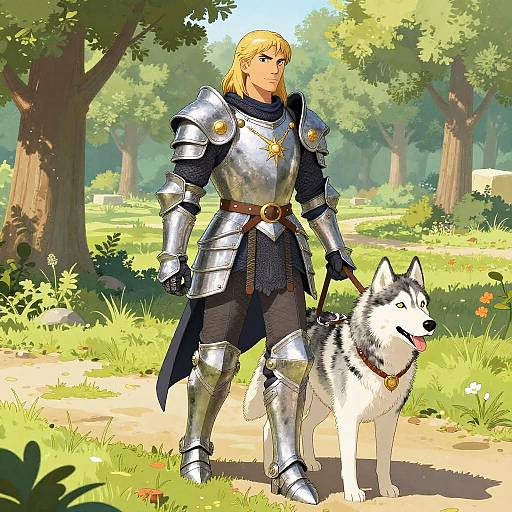 Serene Celestial Paladin Walking Husky