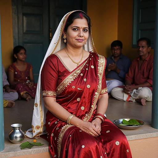 Photograph of an Indian woman in a red silk saree with gold embroidery, white veil, seated indoors, surrounded by people.
