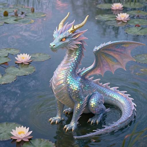 Illuminated dragon with iridescent scales, golden horns, and purple wings sits in a serene pond with pink water lilies. Digital artwork.