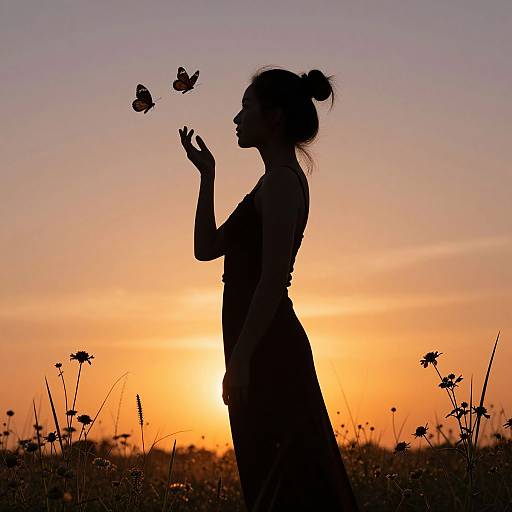 Silhouette Woman at Sunset with Butterflies