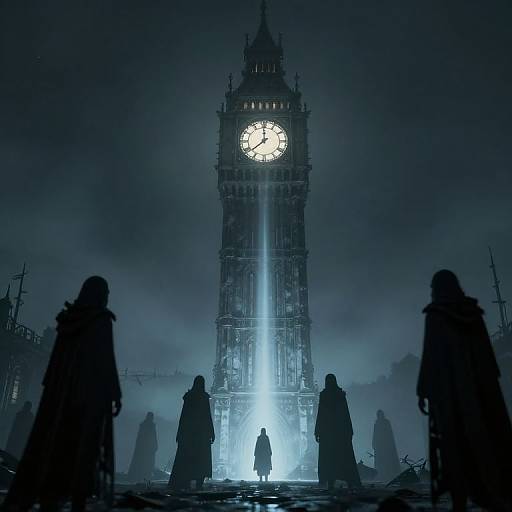 Digital art of a dark, foggy night with silhouetted figures facing the illuminated Big Ben clock tower, its bright face glowing eerily.