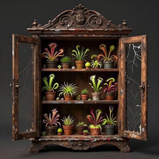Photograph of an ornate, antique wooden cabinet with open doors, displaying various colorful potted carnivorous plants against a dark background.