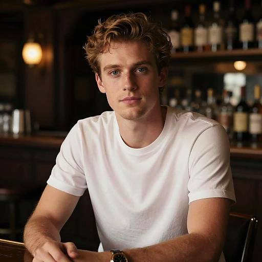 Photograph of a young man with wavy brown hair, blue eyes, and fair skin, wearing a white t-shirt, sitting at a bar with