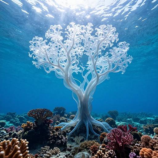 Photograph of a glowing, ethereal, white underwater tree with flowing branches, rooted in a vibrant coral reef, bathed in sunlight.
