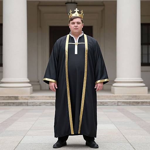 Photograph of a white man in a black and gold clerical robe, wearing a gold crown, standing in front of white columns.