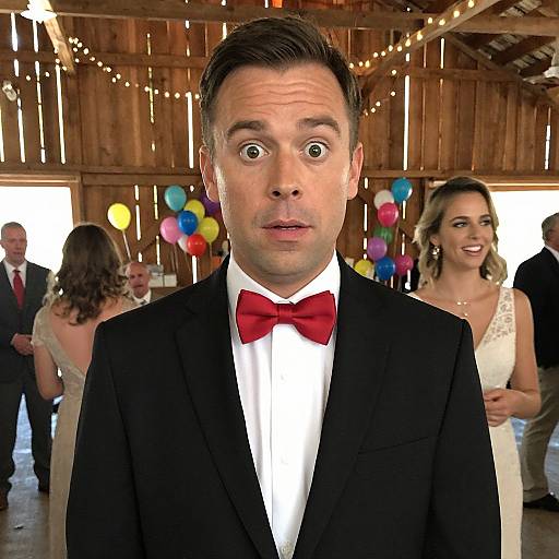Surprised Man in Tuxedo at Barn Party