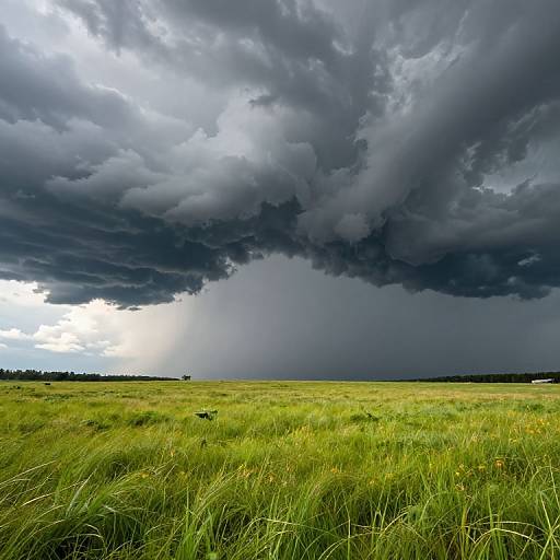 Photograph of a vast, green grass field under a dramatic, cloud-filled sky with dark, swirling storm clouds and a bright, white patch of sunlight
