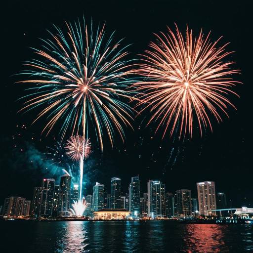 Colorful Fireworks Over Waterfront City Skyline at Night