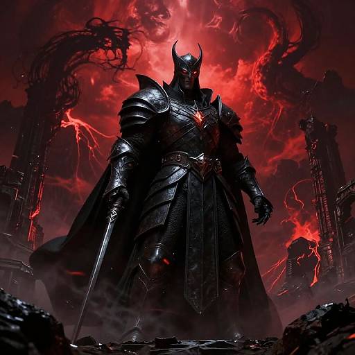 Digital artwork of a towering, armored demon knight with glowing red eyes, black horns, and a fiery red sky backdrop, wielding a sword, standing in