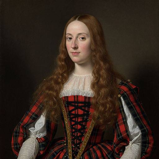 Photograph of a pale-skinned woman with long, wavy brown hair, wearing a red and black plaid Renaissance-style dress with white lace and