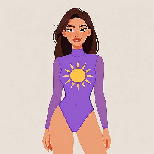Digital illustration of a confident woman with long brown hair, wearing a purple sun-themed leotard, standing against a white background.