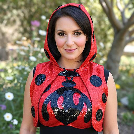 Photograph of a smiling woman with dark hair, wearing a red sequined bug costume with black patterns, hood up, standing in a sunlit garden