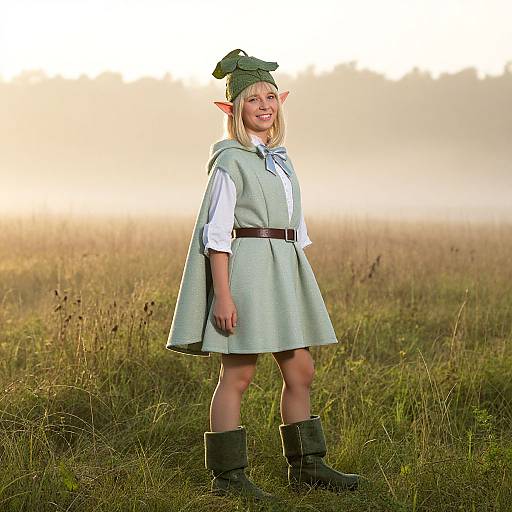 Photograph of a smiling blonde girl with elf ears, green cap, light green tunic, white shirt, black boots, standing in a misty