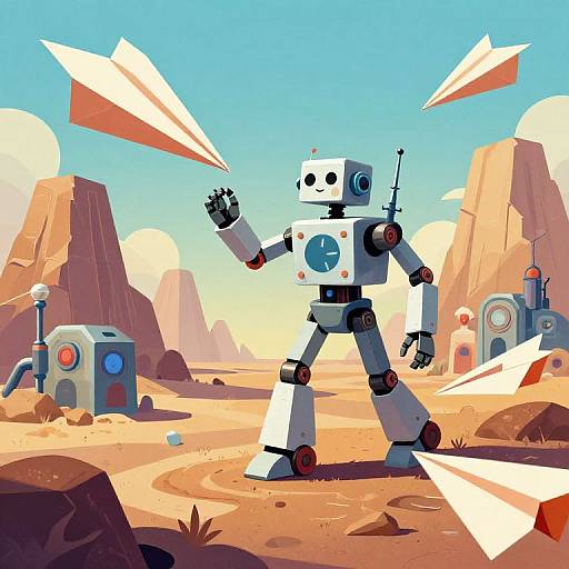 Digital art: Cartoon-style robot with a white cube head and blue circular eyes, standing on desert terrain with rocky mountains, paper airplanes, and futuristic machines