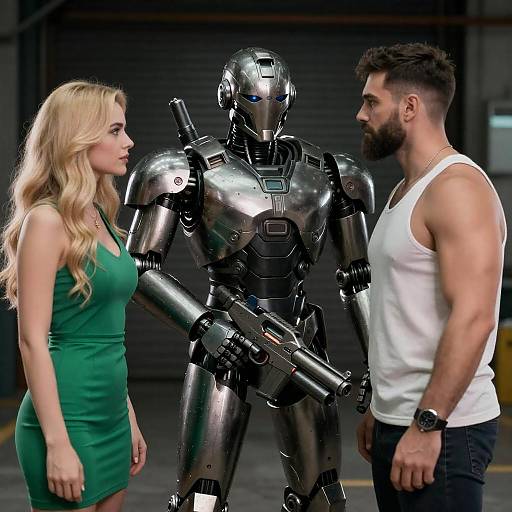 Futuristic Robot with Man and Woman in Industrial Setting