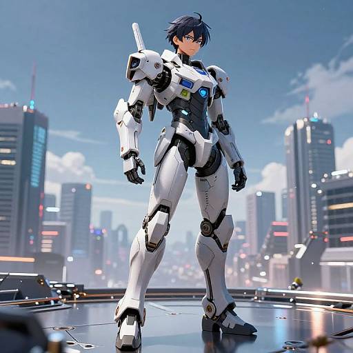 Anime-style digital artwork of a blue-haired male pilot in white and black futuristic armor standing in a neon-lit, futuristic cityscape.