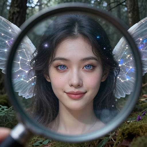 Photograph of a young woman with fair skin, blue eyes, and dark hair, seen through a magnifying glass, with glowing fairy wings in a