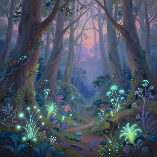 Enchanted forest at dusk, digital art. Glowing mushrooms illuminate a mystical path between towering, moss-covered trees, with a pink and purple twilight