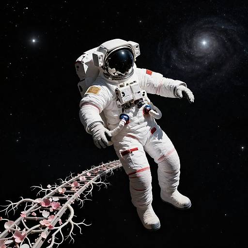 Photorealistic digital artwork of an astronaut in a white spacesuit with an American flag patch, floating in space beside a glowing, pink-and-white alien
