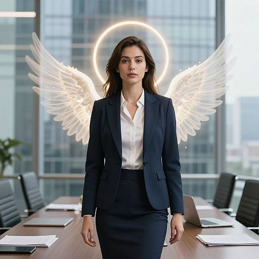 Photograph of a serious, dark-haired woman in a black suit and white shirt, standing in a modern office with glowing angel wings and halo behind her