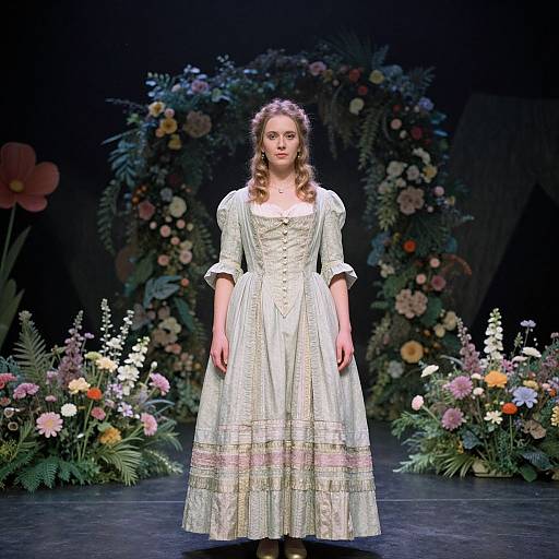Photograph of a young woman with light brown hair in a Victorian-style, pale yellow, floral-embroidered dress, standing on a floral-themed