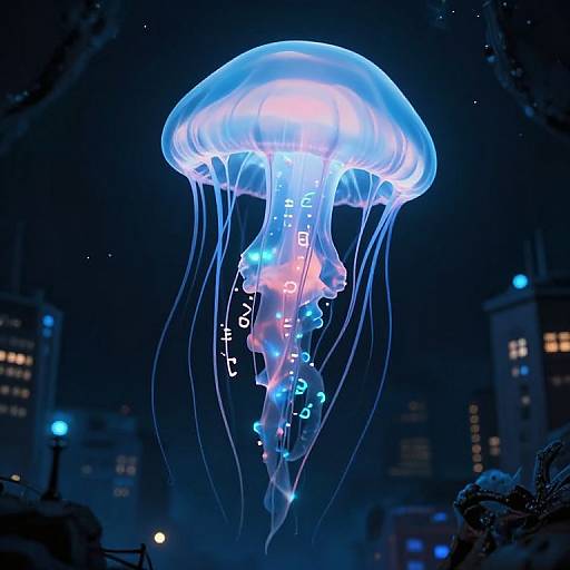 Photograph of a glowing, blue and pink jellyfish with illuminated letters 