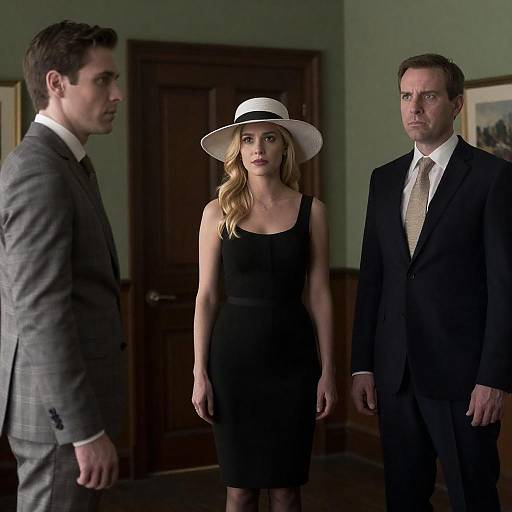 Three People in Formal Wear in Dim Room