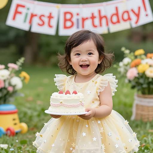 Photograph of a smiling Asian toddler in a yellow floral dress, holding a small birthday cake, outdoors with a 