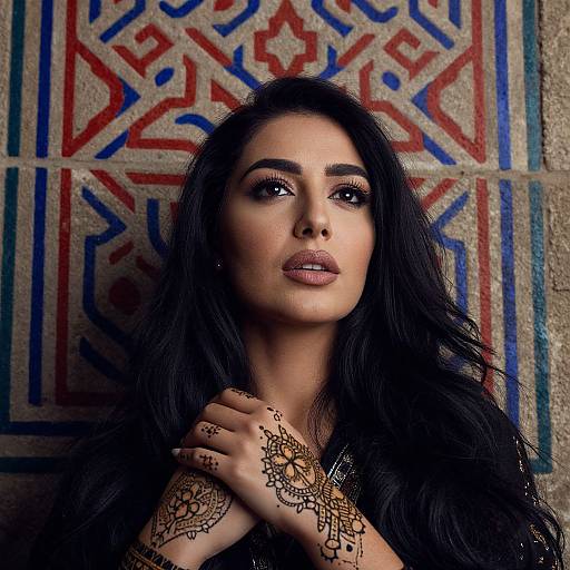 Photograph of a dark-haired woman with intricate henna patterns on her hands, standing against a colorful geometric tile wall.