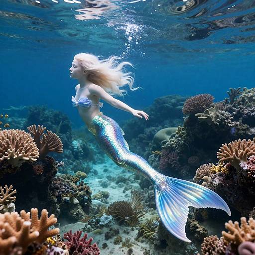 Photograph of a silver-scaled mermaid with long white hair, topless with seashell breasts, swimming through a vibrant underwater coral reef.