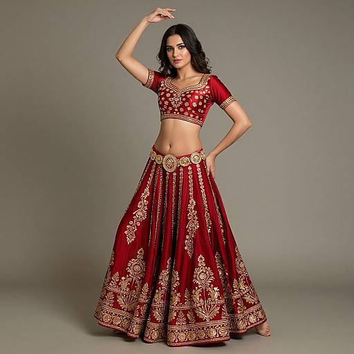 Photograph of a dark-haired woman in a red and gold embroidered traditional Indian outfit, posing with one arm raised, against a gray background.