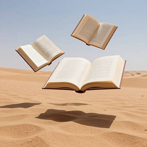 Photograph of three open books floating in mid-air over a sunlit, sandy desert, casting shadows on the dune surface.