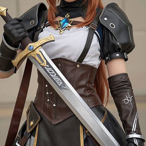 Photograph of a female warrior with long red hair, black armor, white blouse, blue gem necklace, holding a silver sword with 