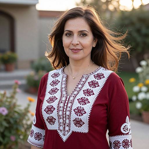 Photograph of a smiling middle-aged woman with shoulder-length brown hair, wearing a red embroidered blouse, standing in a garden at sunset.