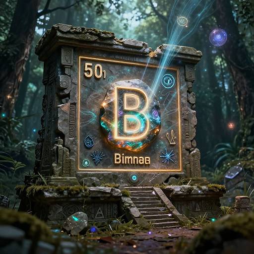 Digital artwork of a glowing, ancient stone pedestal in a mystical forest, featuring a large, illuminated 