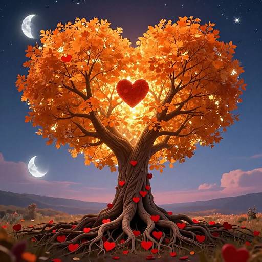 Magical tree with glowing orange leaves, a large red heart at the center, surrounded by red petals, under a starry night sky with crescent