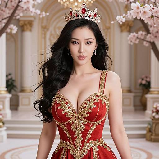 Digital artwork of an Asian woman with long black hair, wearing a red and gold embroidered dress, crown, and earrings, standing in a cherry blossom adorned