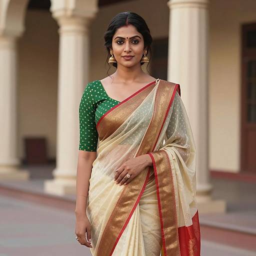 Indian Woman in Elegant Cream and Red Saree