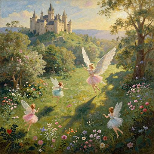 Whimsical digital painting of three fairy girls with white wings in pink and blue tutus, dancing in a sunlit, flower-filled meadow with