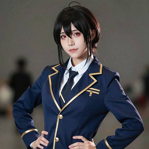 Photograph of an Asian woman with black hair in a navy blue military-style uniform with gold trim, white shirt, and black tie, standing confidently with