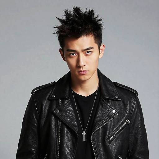 Photograph of a young Asian man with spiky black hair, wearing a black leather jacket and necklace, against a light gray background.