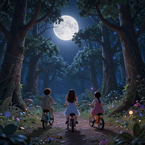 Digital illustration of three children with bicycles, facing a glowing full moon in a mystical, dark forest filled with glowing flowers.