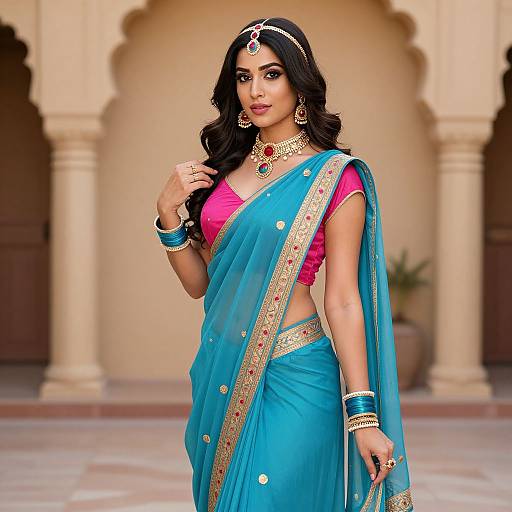 Photograph of an elegant Indian woman in a blue saree with gold trim, pink blouse, and jewelry, standing in a traditional courtyard with arched