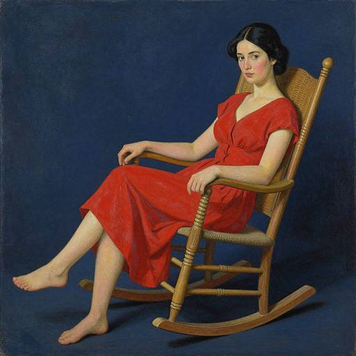 Painting of a fair-skinned woman with black hair, wearing a red dress, sitting in a wooden rocking chair against a dark blue background.