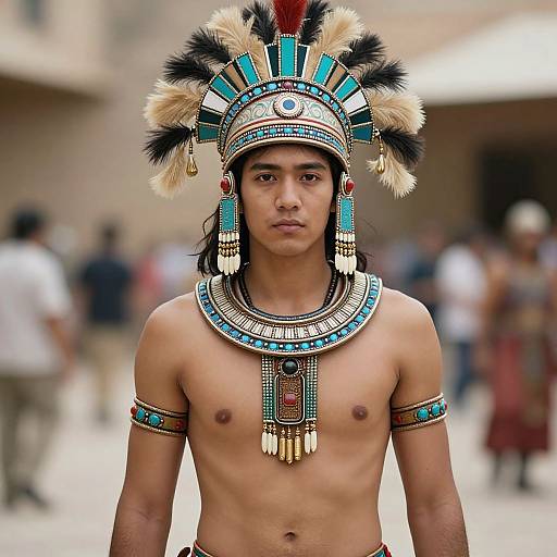 Photograph of a young Indigenous man with medium brown skin, wearing a detailed, colorful feather headdress and elaborate necklaces, standing shirtless in a