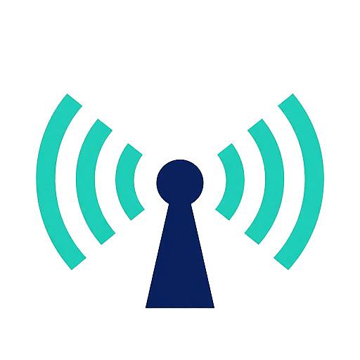 Digital graphic of a dark blue keyhole silhouette surrounded by four turquoise, semi-circular radio waves on a white background.