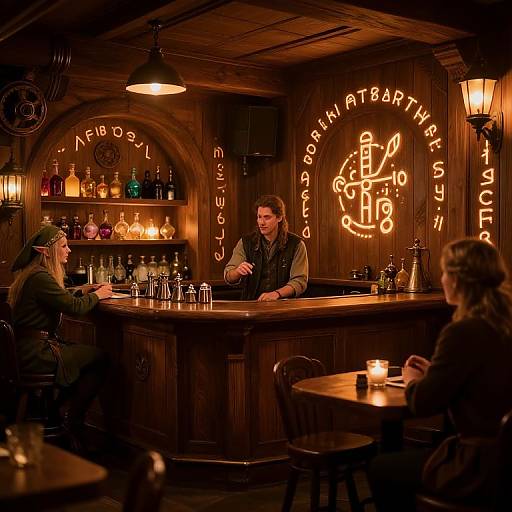 Photograph of a dimly-lit, rustic bar with neon signs, wooden walls, and three patrons: bartender in vest, customer in hat,